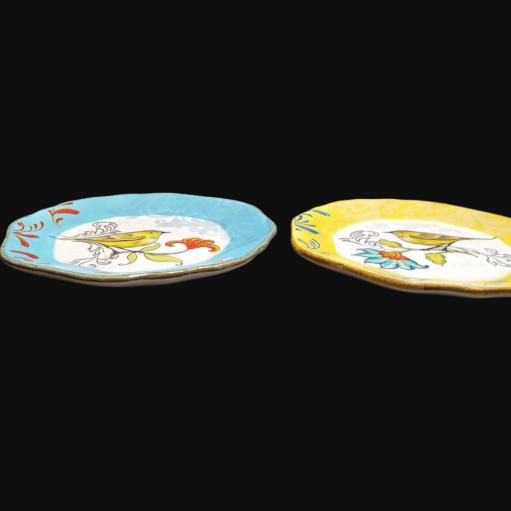 Ashland Michaels Folk Bird Plates Set Of 2 6 In Yellow Blue Shadow Script - Picture 8 of 9